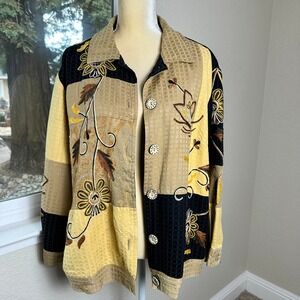 Indigo Moon Patchwork Embroidered Jacket Women 1X Black Yellow Floral Boho Artsy